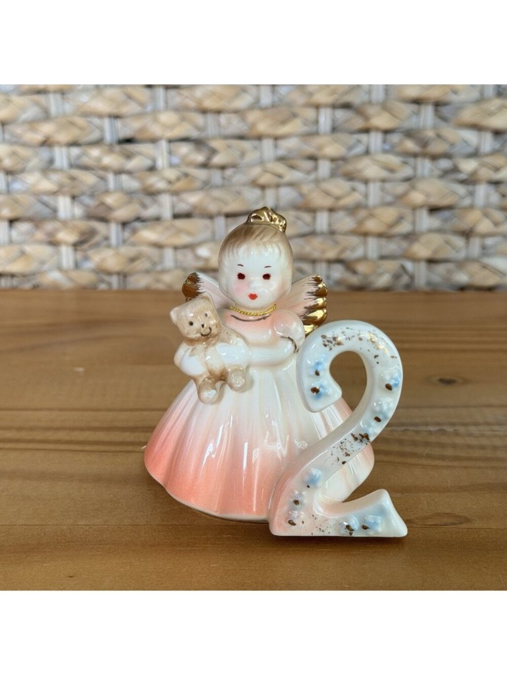 Vintage Josef Originals Birthday Girl Angel Figurine Age 2 Pink Dress Teddy Bear
